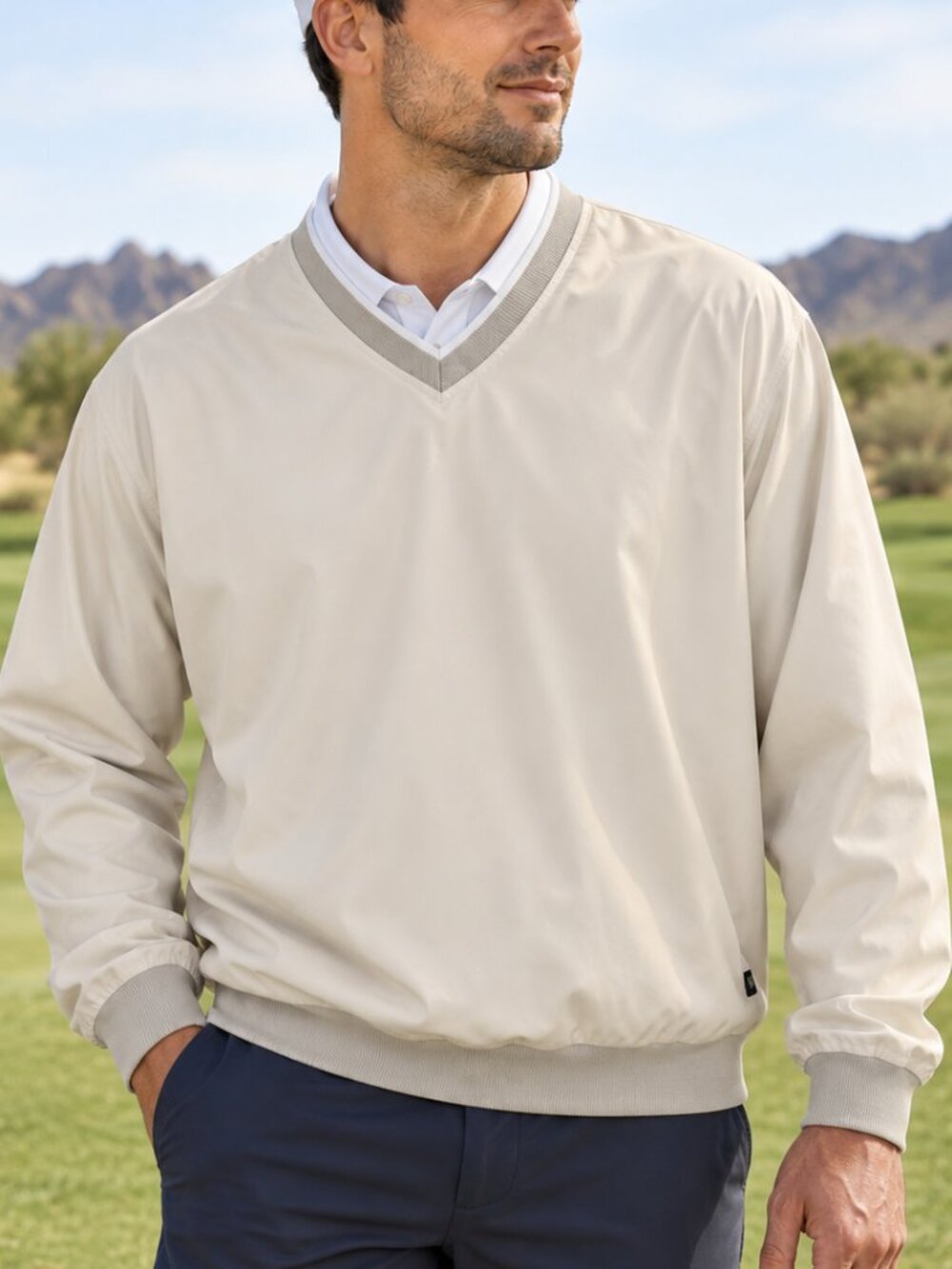 Wedge Men’s Beige V-Neck Golf Windbreaker Pullover Jacket Large
